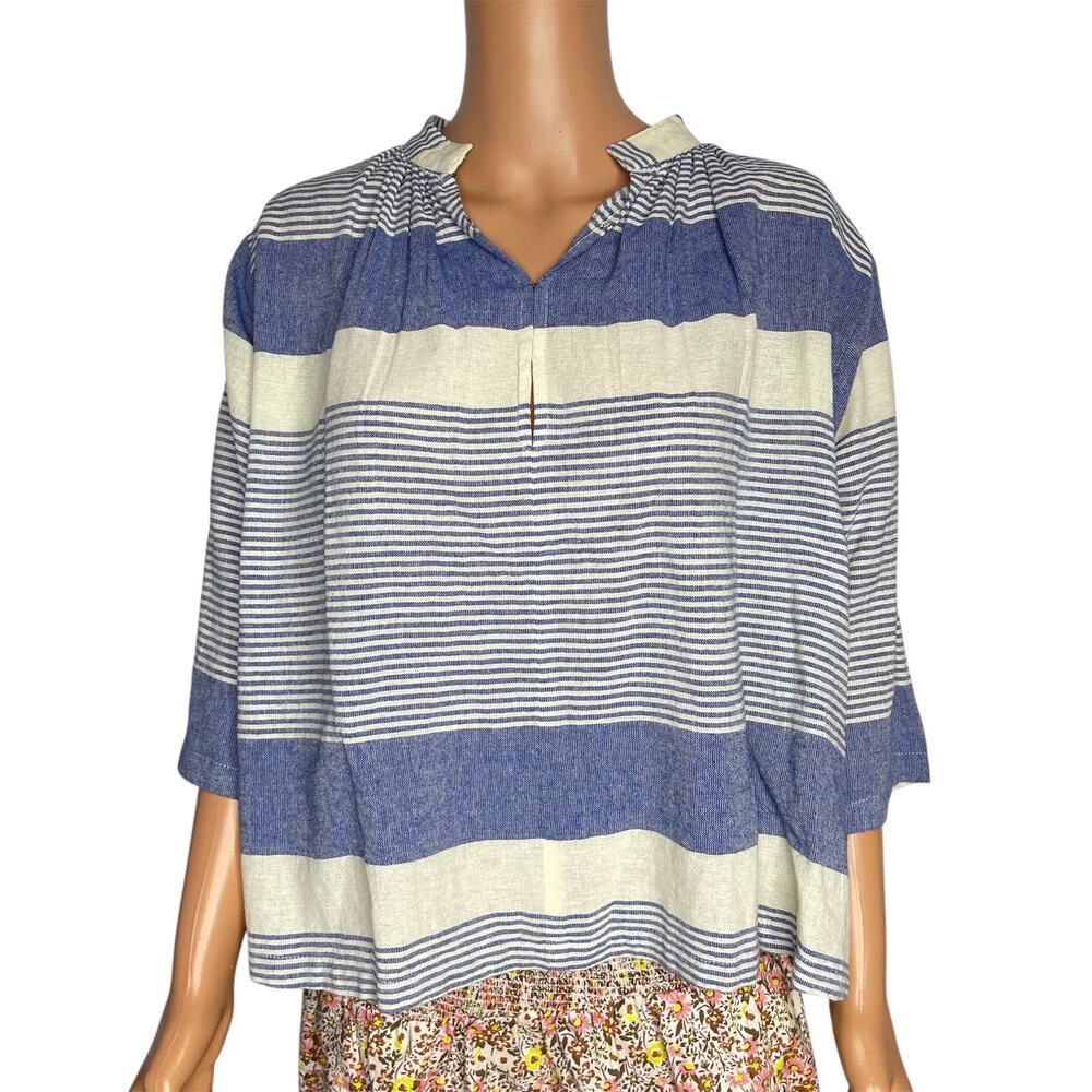 Apiece Apart womens Shirred Agata Top size 2 Cote Stripe Navy 100% Cotton - Picture 2 of 12